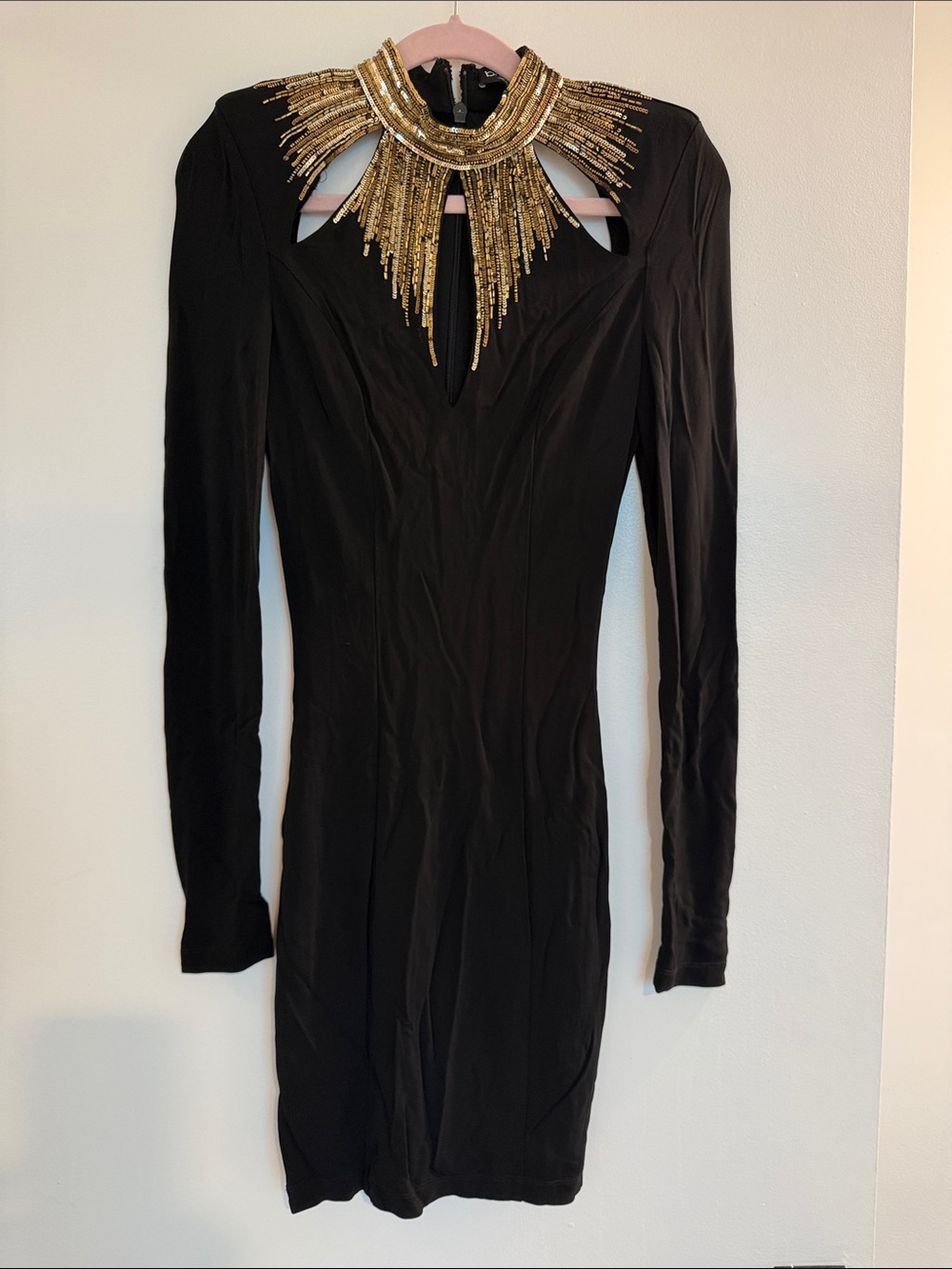 bebe Black Long-Sleeve Dress with Gold Beaded Neckline
